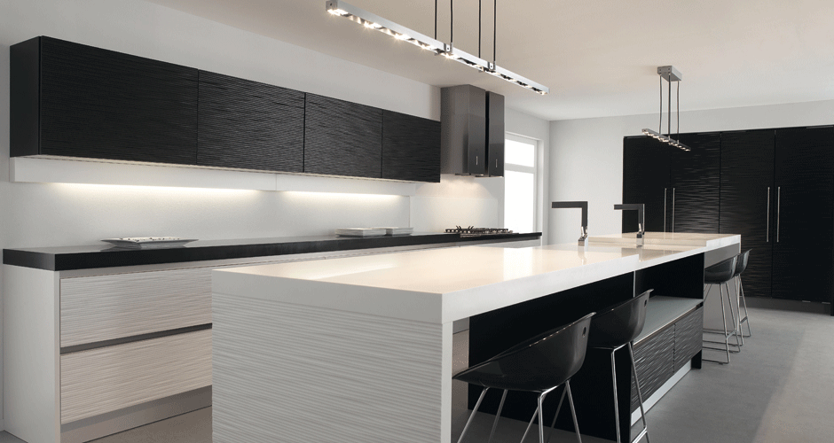 Black and white satin lacquer handle-less kitchen by Keller